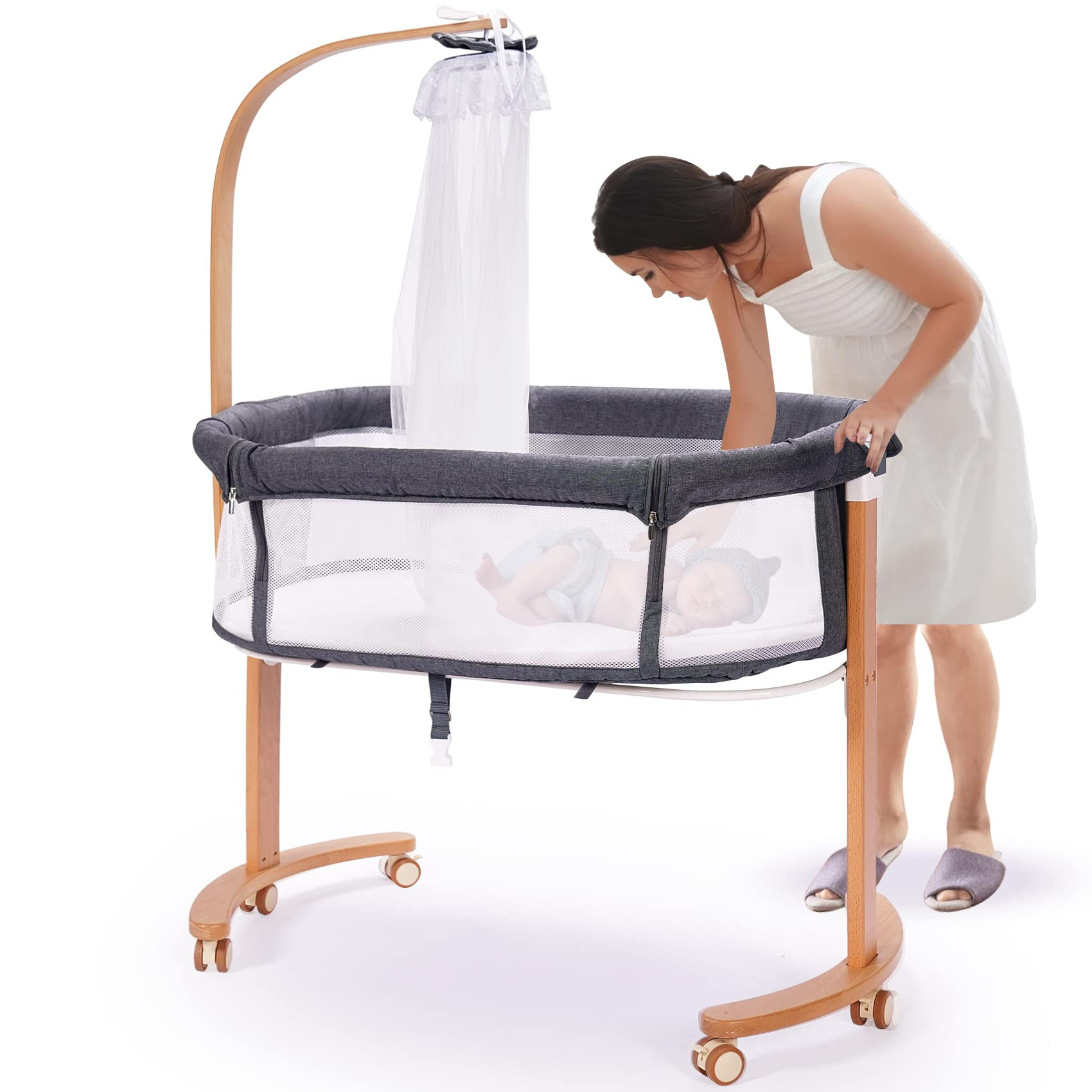 Baby Bassinet, Wooden Bedside Sleeper for Baby, Adjustable Bedside Crib, Portable Bed for Infant/Bab | Amazon (US)