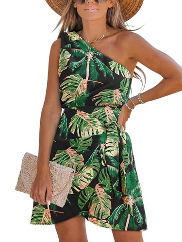 CUPSHE Womens Summer Dresses One Shoulder Tropical Self Tie Short Sleeveless Tiered Hem Beach Casual Mini Dress Dark Green, S | Amazon (US)