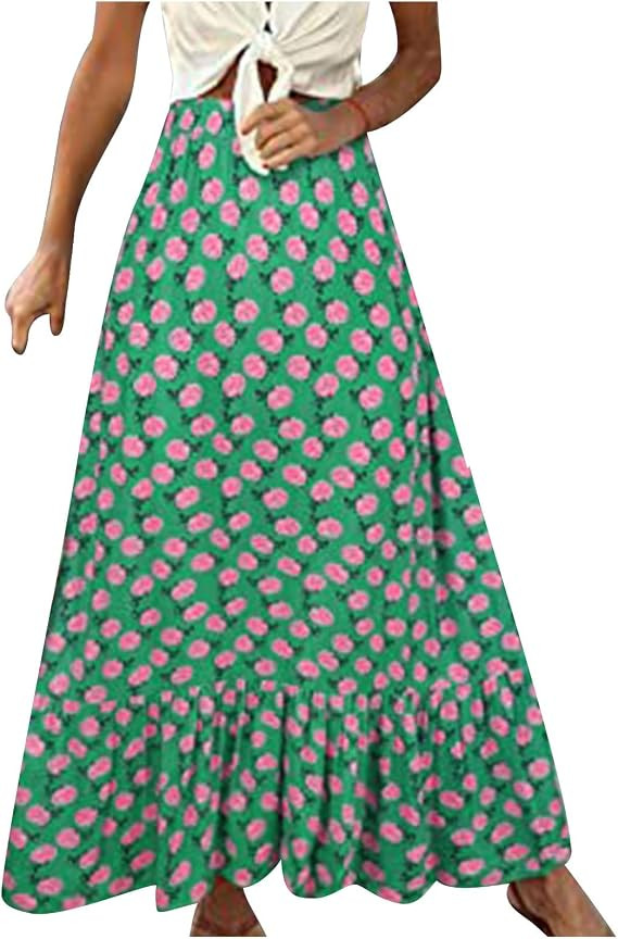 Women's Boho Vacation Style Vintage Print Elastic High Waist A Line Maxi Skirt Fashion Casual Com... | Amazon (US)