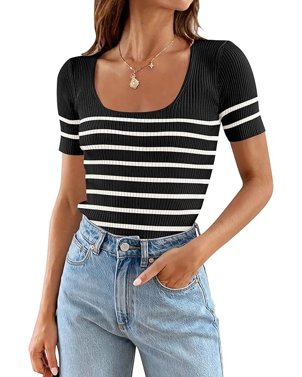 ZESICA Women's Striped Tops for Women Summer Square Neck Tops Basic Tee Shirts Fashion 2024 Trend... | Amazon (US)