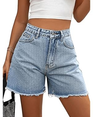 MakeMeChic Women's High Waist Jean Shorts Casual Raw Hem Straight Leg Summer Denim Shorts | Amazon (US)