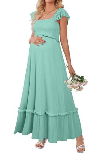 OUGES Womens 2025 Summer Maternity Maxi Dresses for Photoshoot Ruffle Sleeve Square Neck Wedding Guest Baby Shower Long Dress Flowy Pregnancy Must Have Maternity Clothes (Sage,L) | Amazon (US)