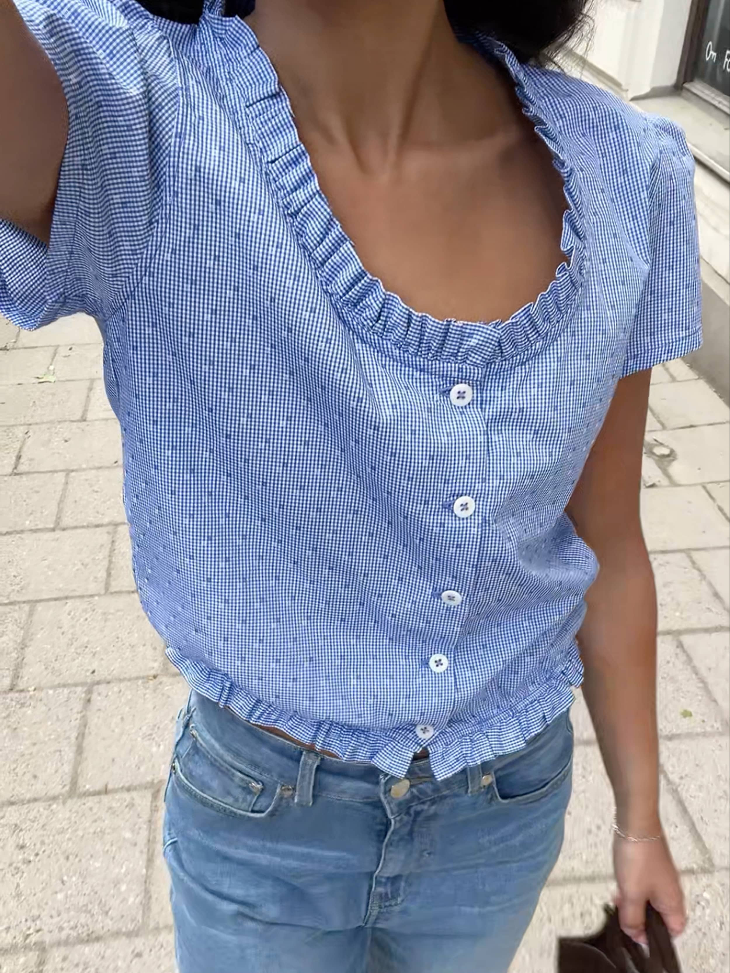 Sweet Pea Top Blue Gingham | Djerf Avenue