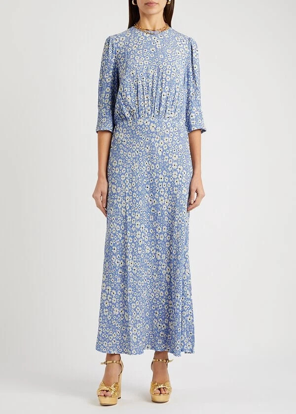 Rixo Lucile Blue Clover Floral Midi Dress Size Medium UK 12 | eBay UK