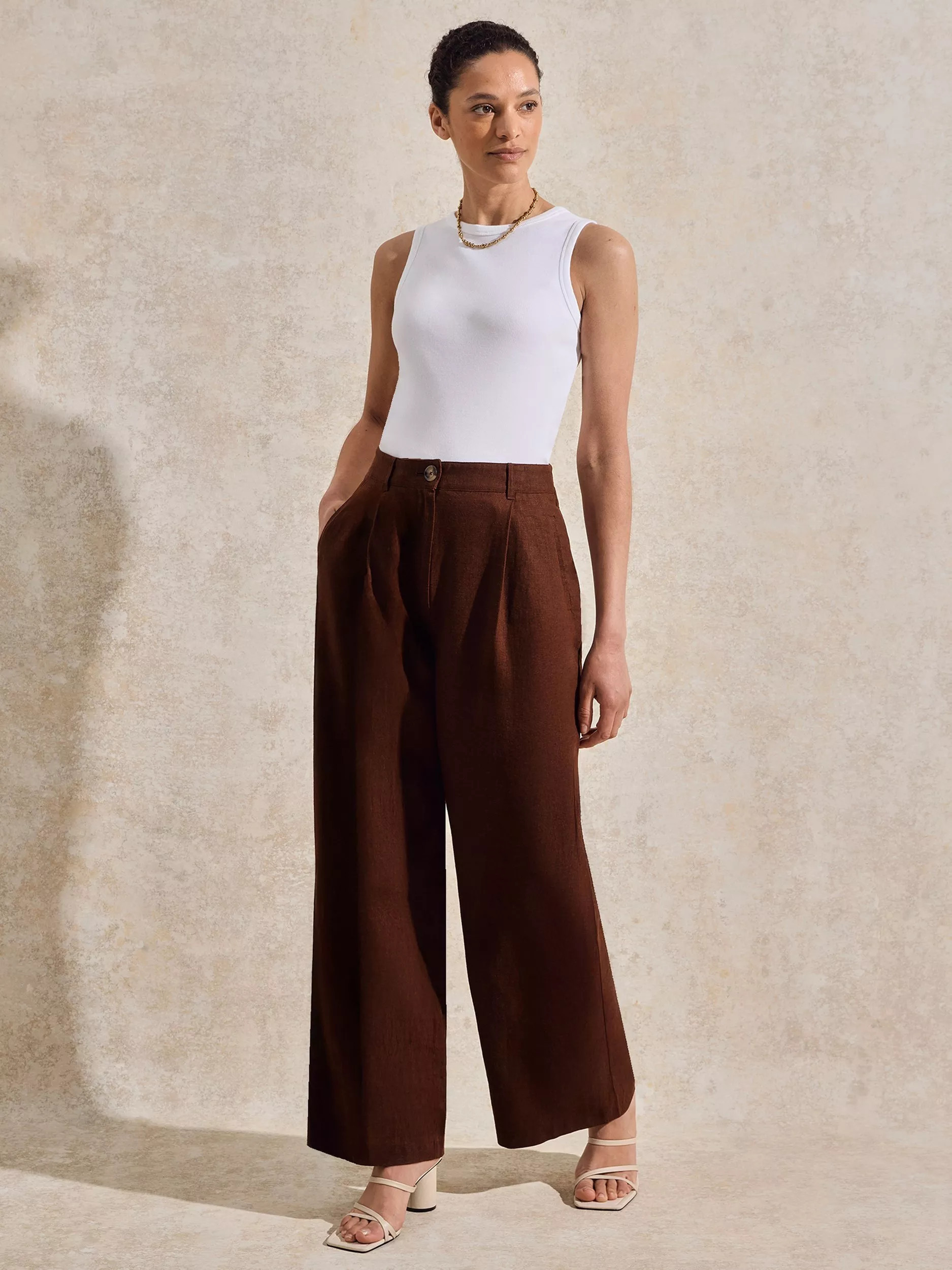 Ro&Zo Linen Rich Wide Leg Trousers, Brown | John Lewis (UK)