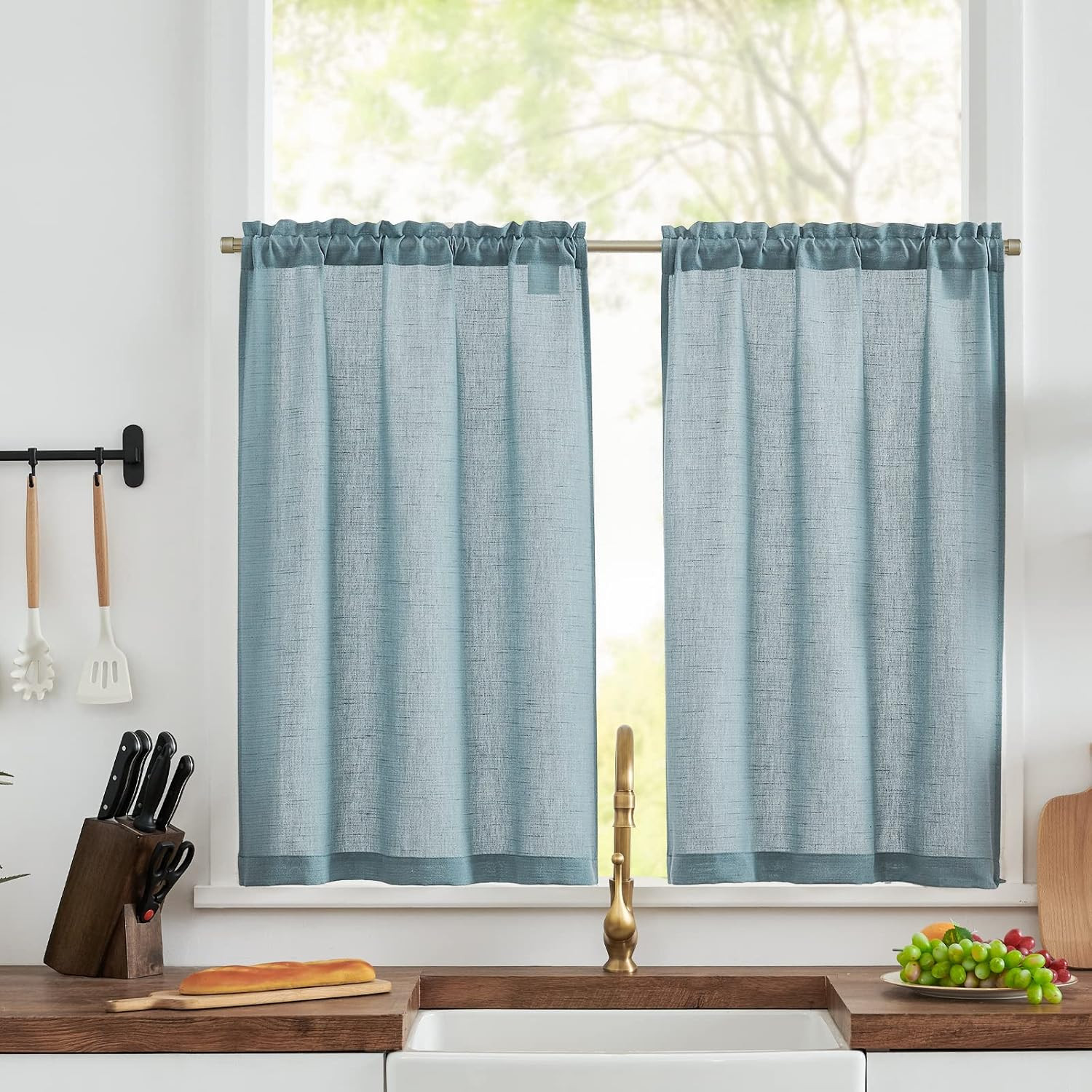 TOPICK Linen Blend Kitchen Curtains, 24 Inch Drop Small Cafe Curtains, Solid Pattern Light Filter... | Amazon (UK)