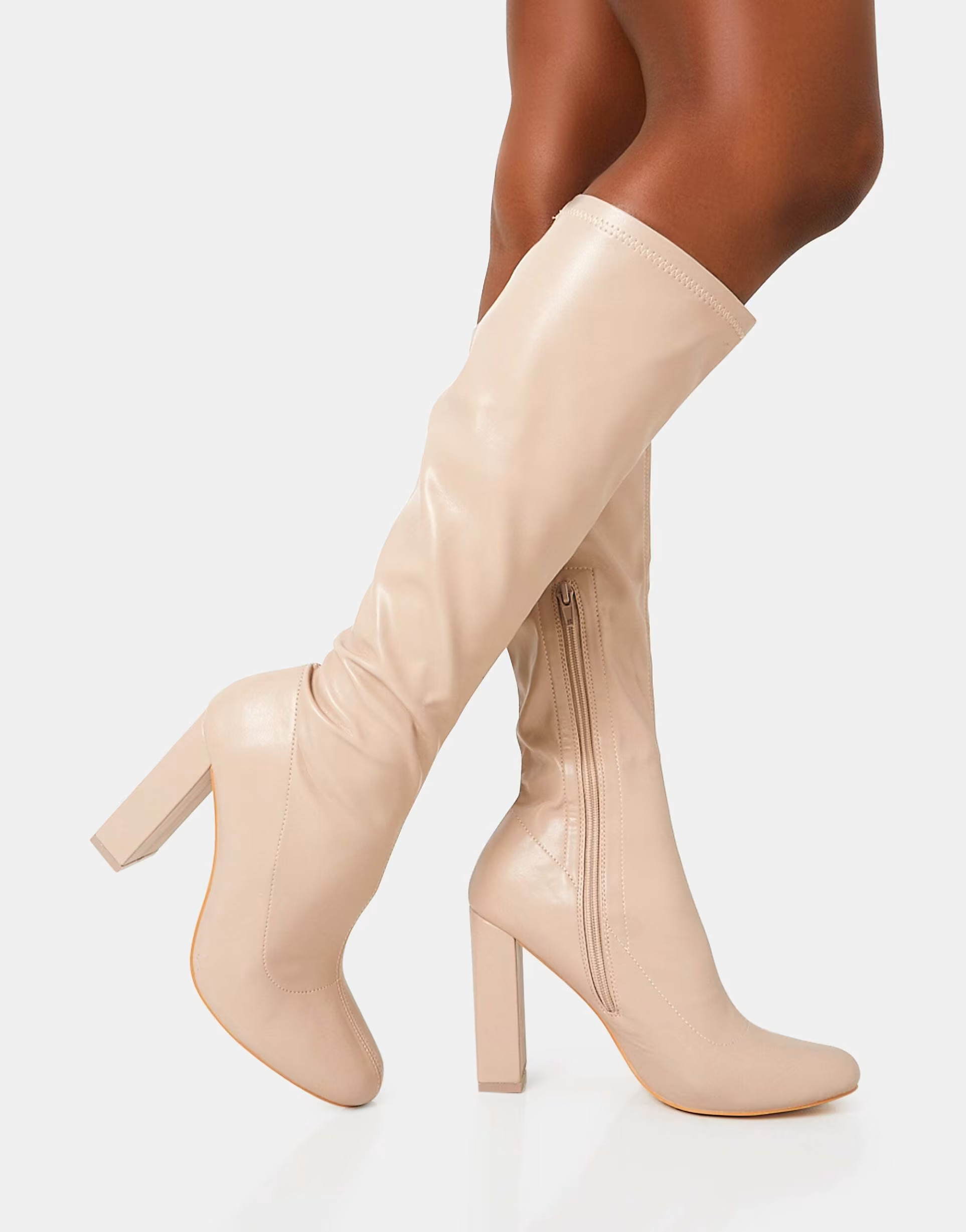 Public Desire Christina pu pointed toe block heel knee high boots in beige pu | ASOS | ASOS (Global)
