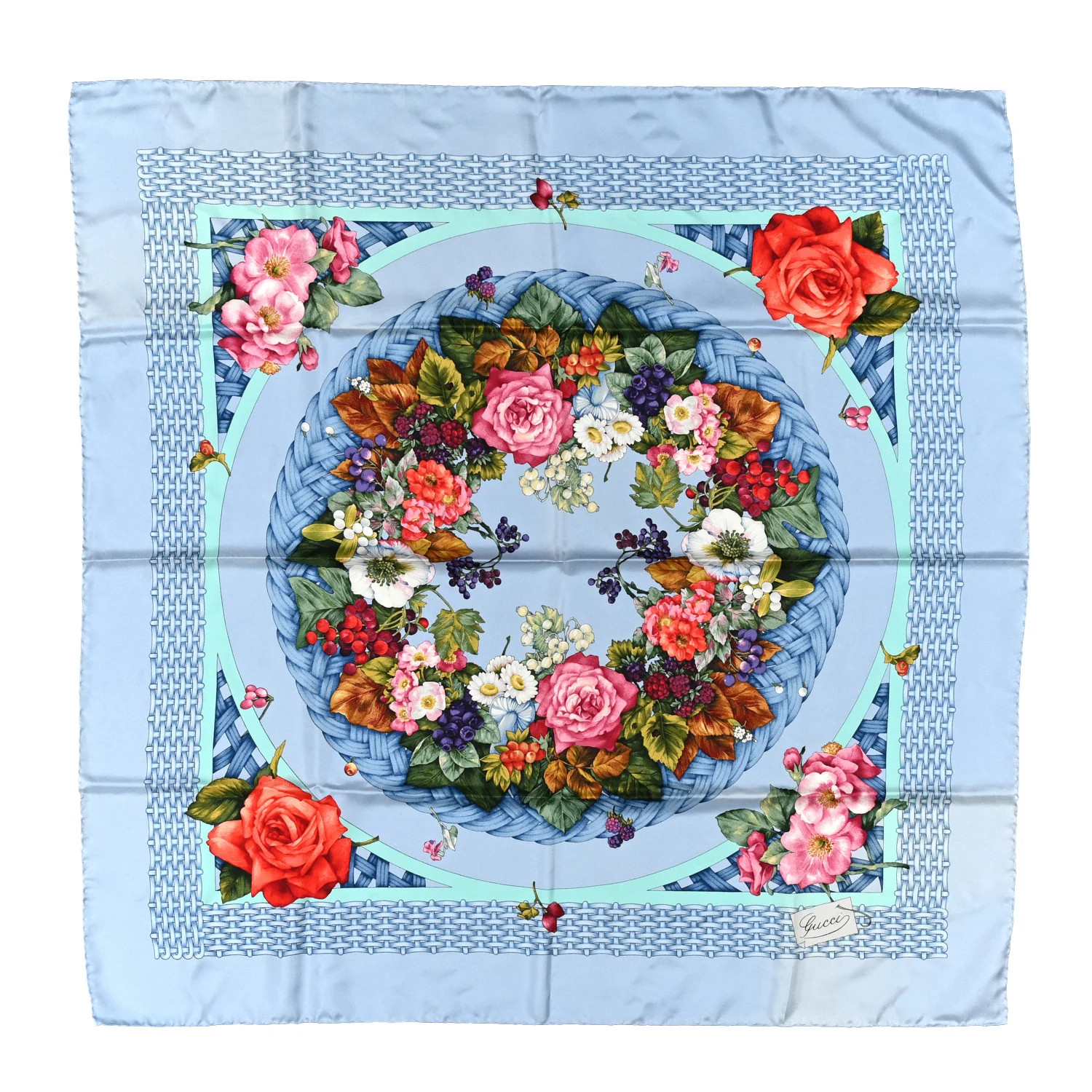 Silk Twill Floral Basket Square Scarf Blue Multicolor | FASHIONPHILE (US)