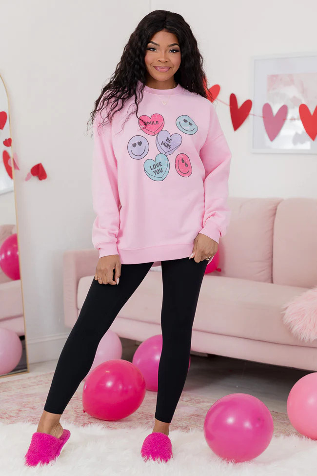 Candy Hearts Light Pink Oversized Graphic Sweatshirt | Pink Lily