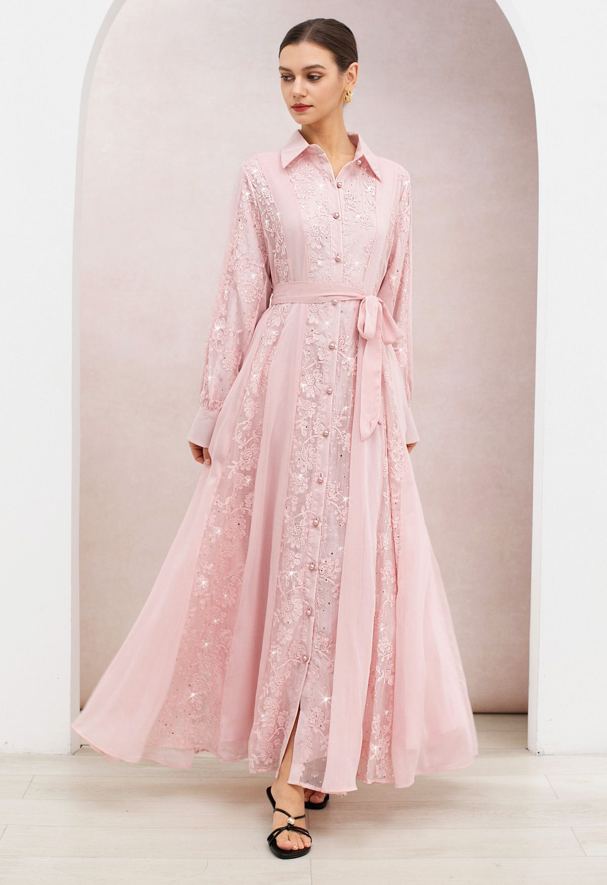 Sequin Floral Embroidery Chiffon Panel Buttoned Maxi Dress in Pink for Weddings & Evening Events | Chicwish