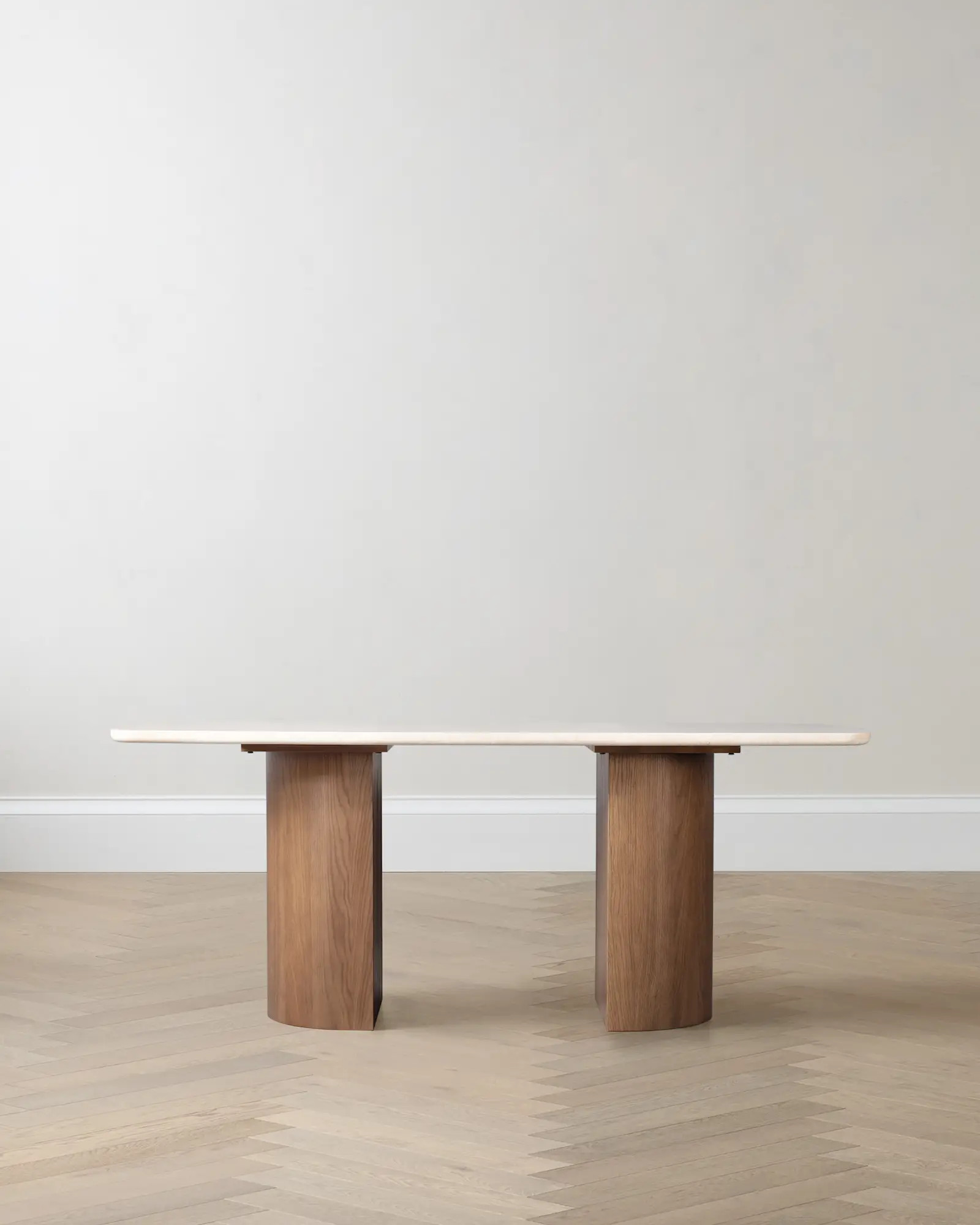 Marble Dining Table with Double Pedestal Base in Cream/Chestnut | Quince