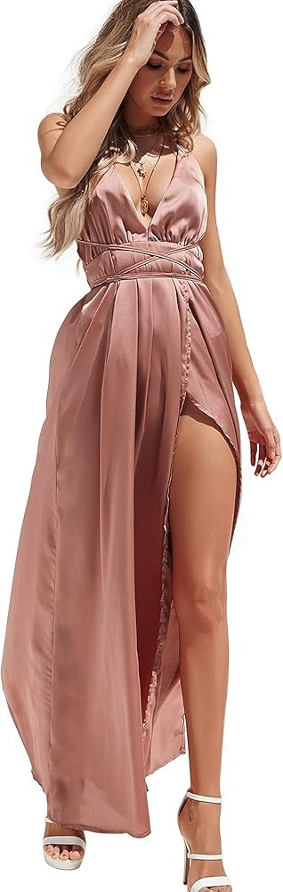 Women's Satin Dress Sexy V Neck Backless Split Long Maxi Cocktail Party Dress | Amazon (US)