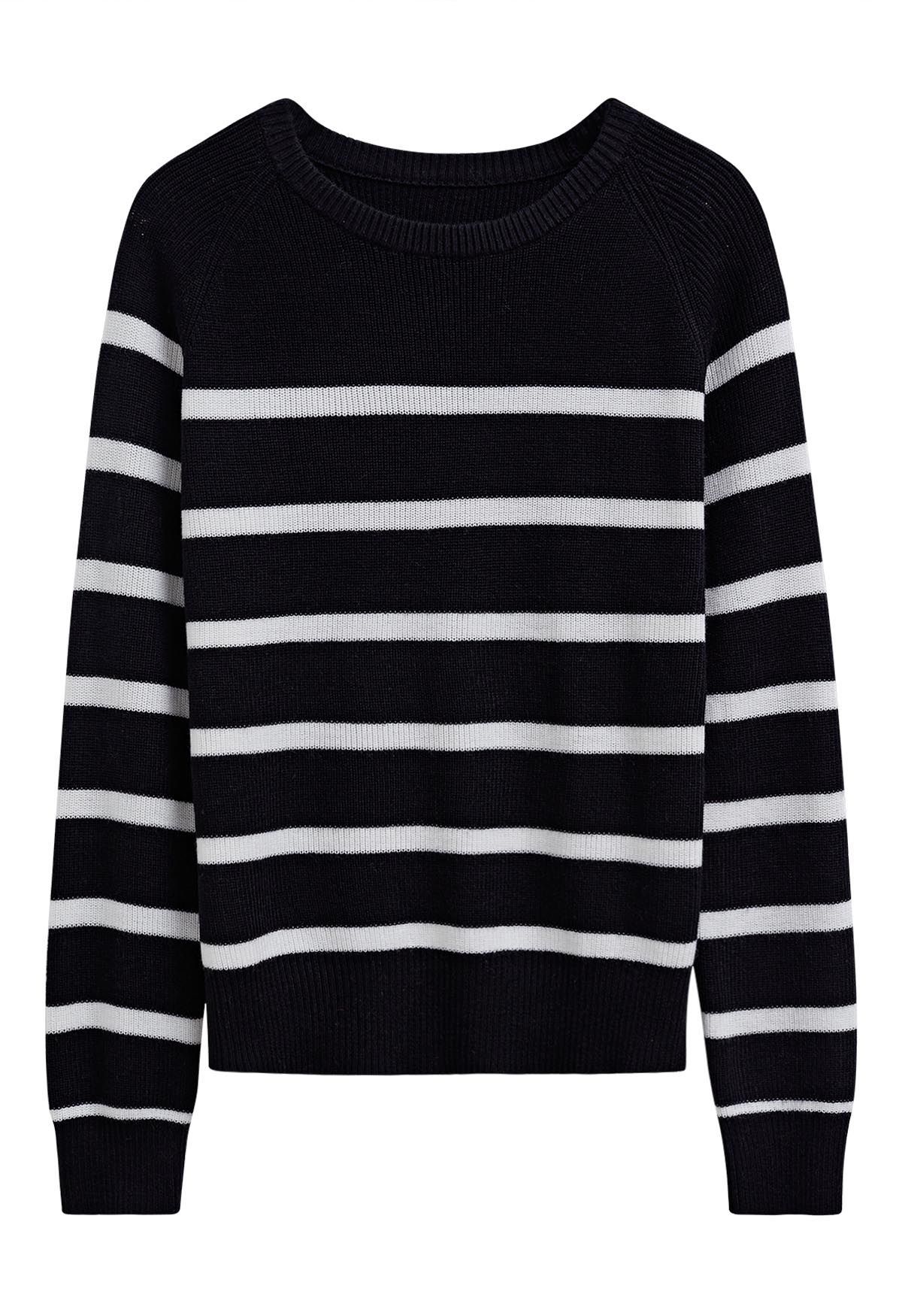 Versatile Round Neck Striped Knit Sweater in Black | Chicwish