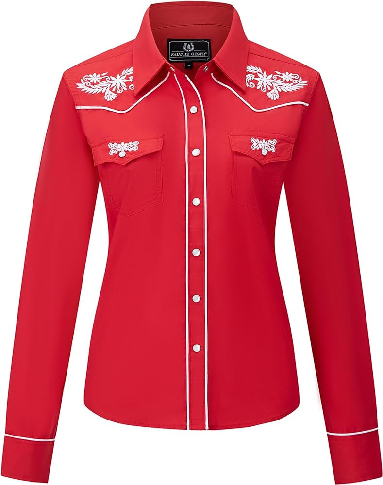 Women's Embroidered Western Cowboy Snap Front Long Sleeve Button Down Shirt | Amazon (US)