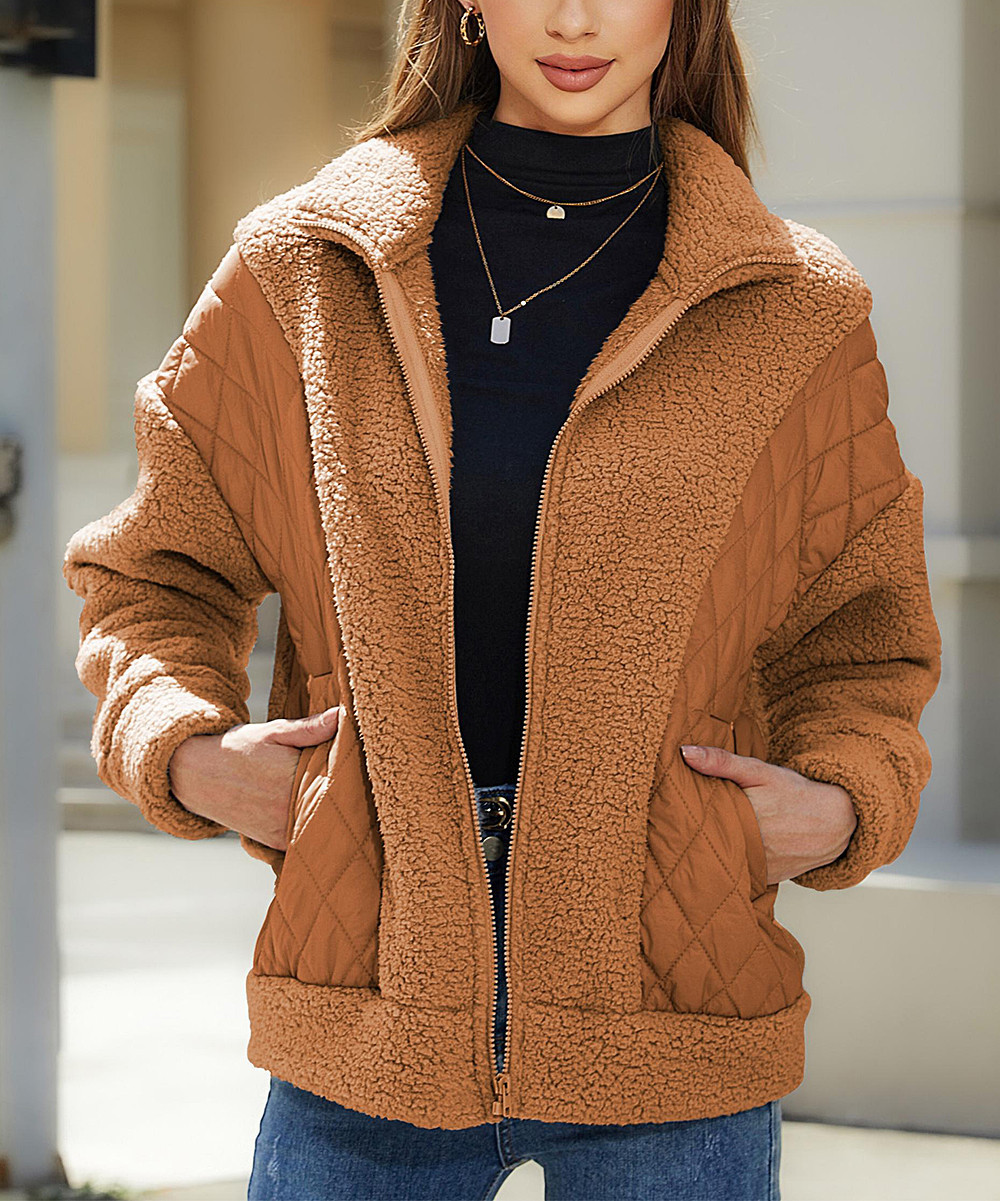 Amasoo Women's Fleece Jackets camel - Camel Plush Pocket Zip-Up Jacket - Women | Zulily