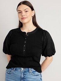 Fitted Puff-Sleeve Henley T-Shirt for Women | Old Navy (US)
