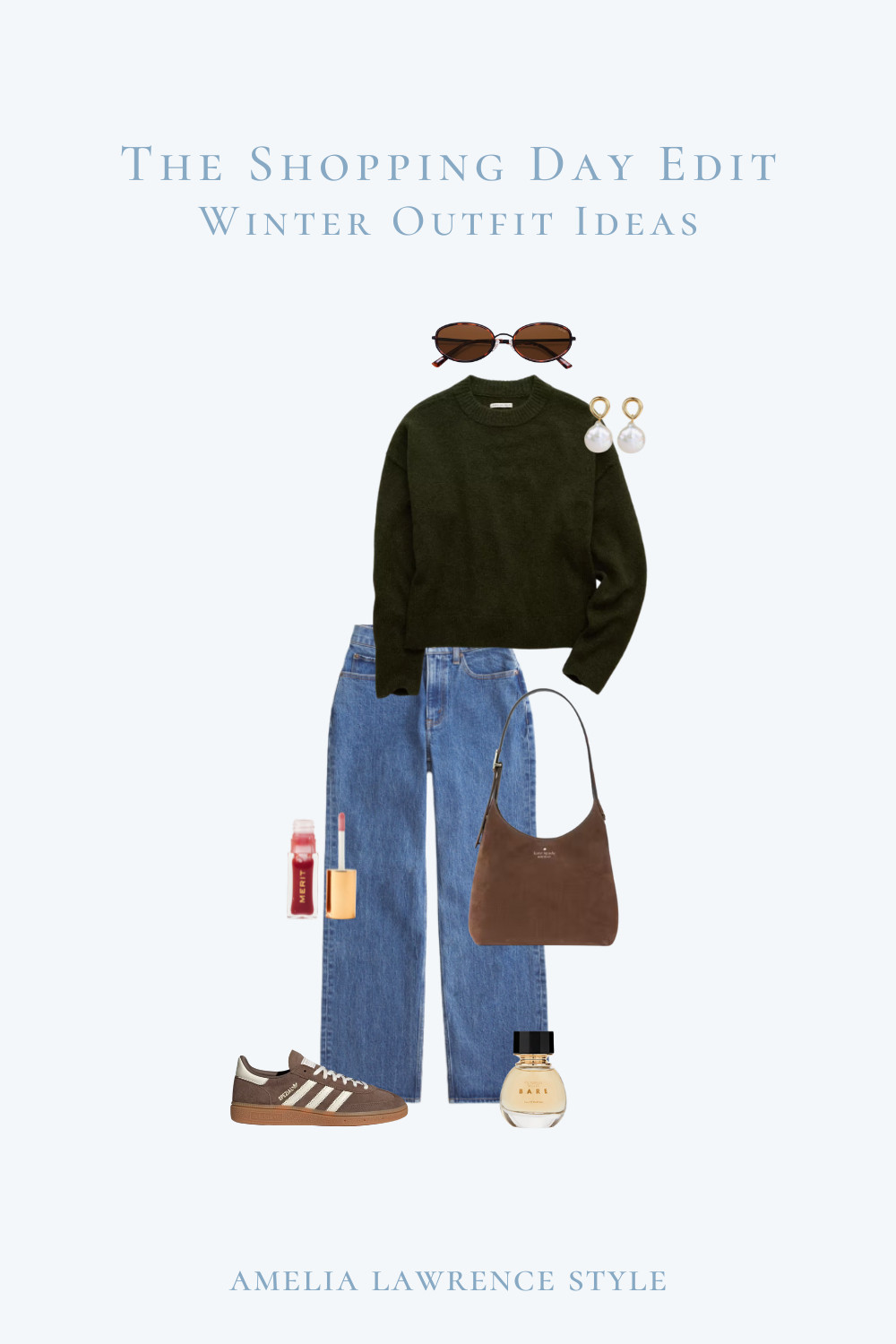 The shopping day edit winter outfit edition. Winter outfit, Christmas outfit, fall outfit, fall sweater, Christmas sweater, winter sweater, green sweater, sneakers, fall shoes, winter shoes, denim, jeans, winter jeans, fall bag, winter bag, Kate Spade, sunglasses, winter perfume, winter lipstick, adidas, earrings.  

 #LTKHoliday #LTKSeasonal #LTKStyleTip
