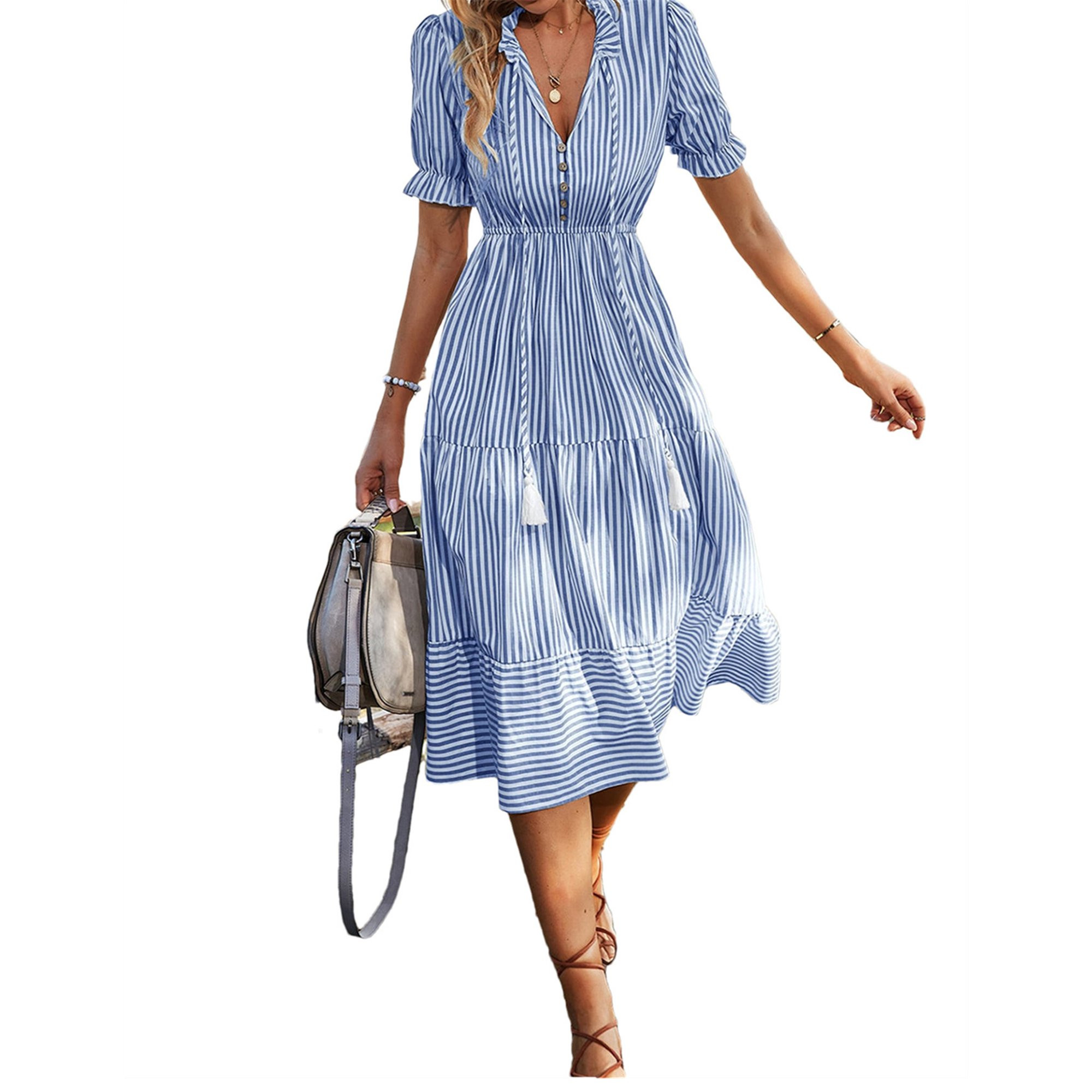 Women's Elegant Blue and White Casual Vertical Striped Flounce Short Sleeve Tassel Tie Neck Ruffl... | Walmart (US)