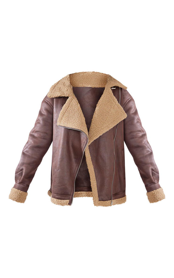 Brown Borg Lined Oversized Buckle Collar Aviator Jacket | PrettyLittleThing US