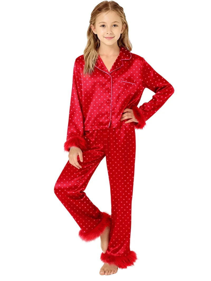 Rdhnmea Mommy and Me Valentines Day Pajamas Set 2 Piece Satin Silk Feather Trim Heart Print Pjs f... | Walmart (US)