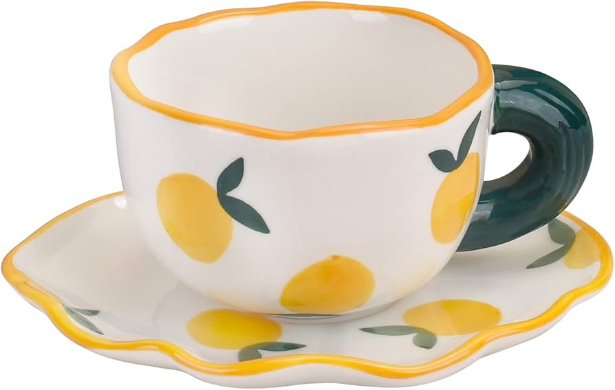 Koythin Ceramic Coffee Mug with Saucer Set, Cute Creative Cup Unique Irregular Saucer Design for ... | Amazon (US)
