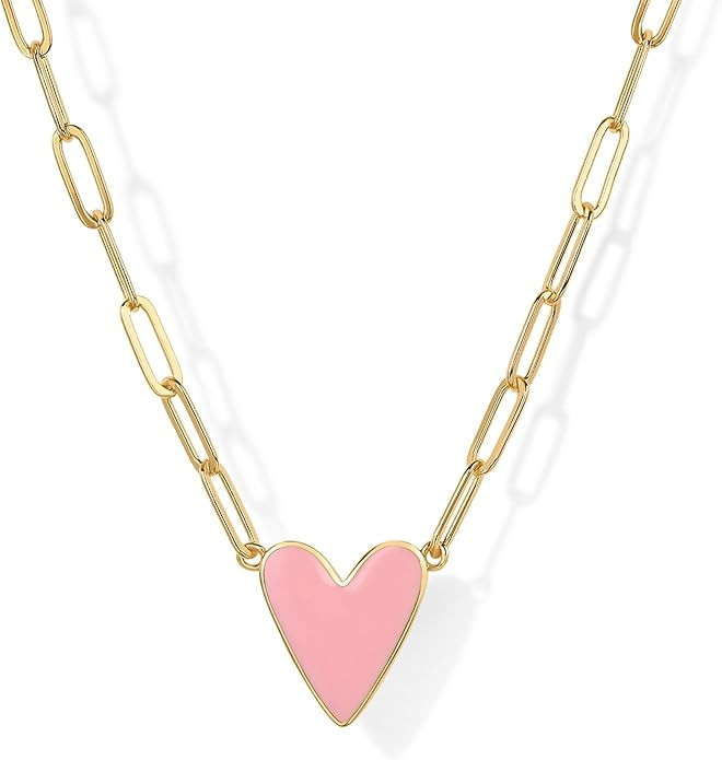 PAVOI 14K Gold Plated Heart Enamel Pendant Necklace for Women | Love Paperclip Chain Necklaces | ... | Amazon (US)