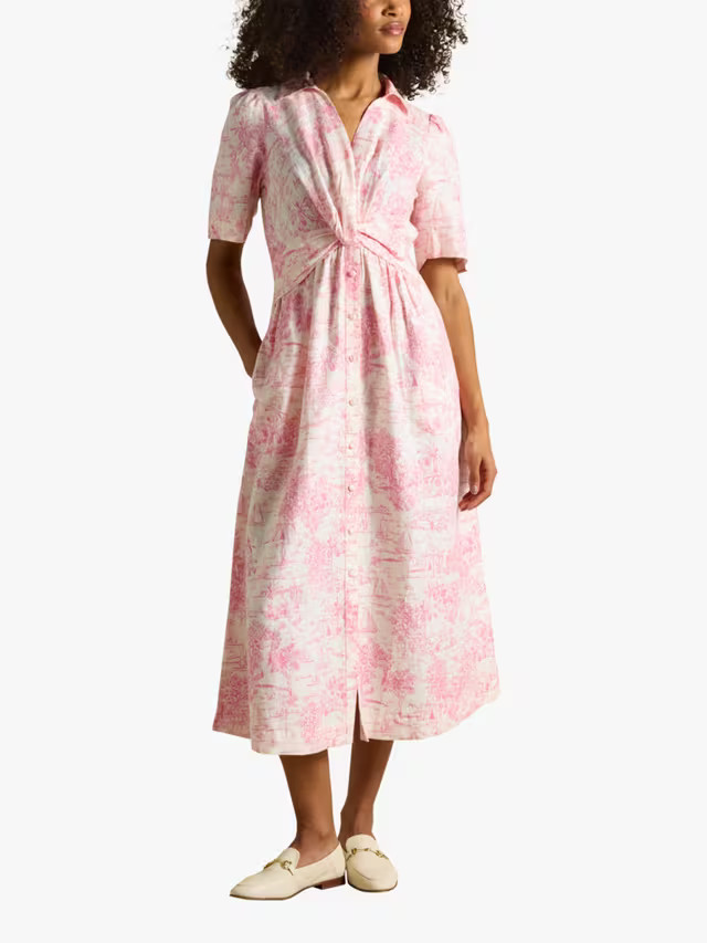 JoulesMarina Toile Knot Front Linen Rich Shirt Dress, Pink/Multi | John Lewis (UK)