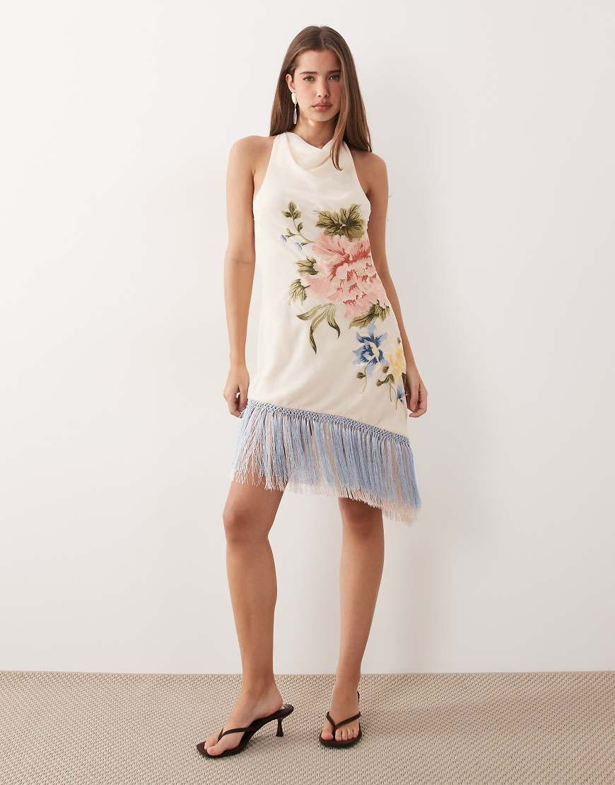 ASOS DESIGN embroidered mini dress with fringe hem in pale pink-White | ASOS (Global)