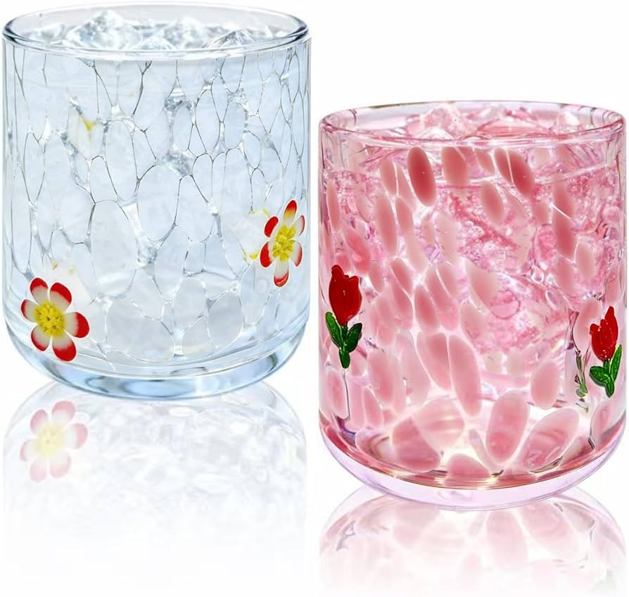2 Pcs Romantic Heart-Themed Glass Cups - 14 oz Hand-blown Drinking Glasses, Vintage Old Fashioned... | Amazon (US)