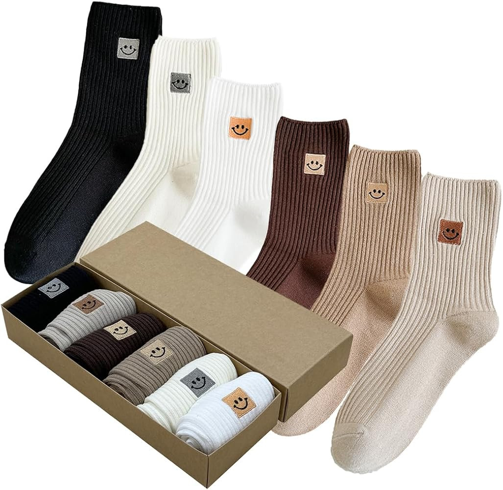6 Pairs of Cute Crew Socks Aesthetic Socks with Smiling Face Embroidery Cotton Socks for Women Gi... | Amazon (US)