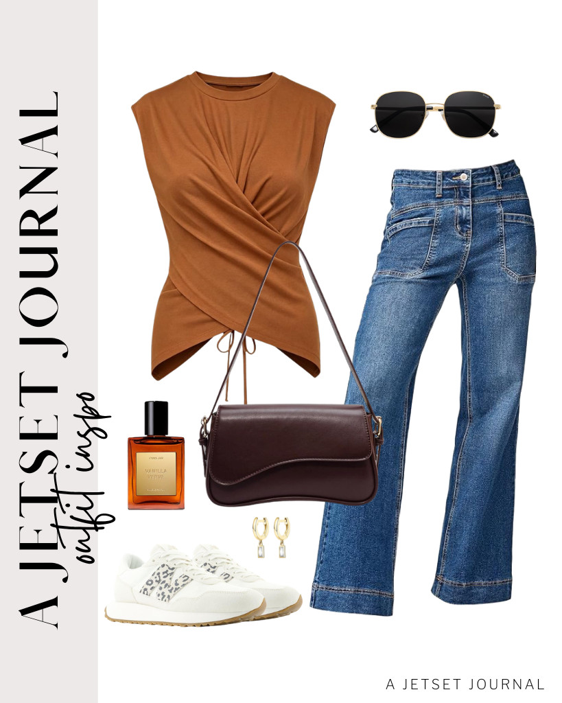 This plain brown asymmetrical top from SOLY HUX is perfect for EVALESS jeans. You can wear these New Balance sneakers and SOJOS square sunnies for this outfit. This shoulder bag complements this look, too.

#LTKSeasonal #LTKSaleAlert #LTKTravel
 

 