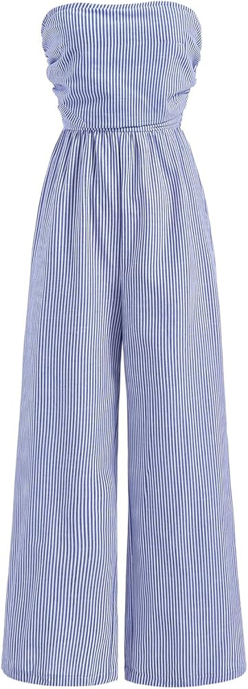 Women's Summer Striped Ruched Tube Top Romper Strapless Wide Leg Going Out Jumpsuits | Amazon (US)