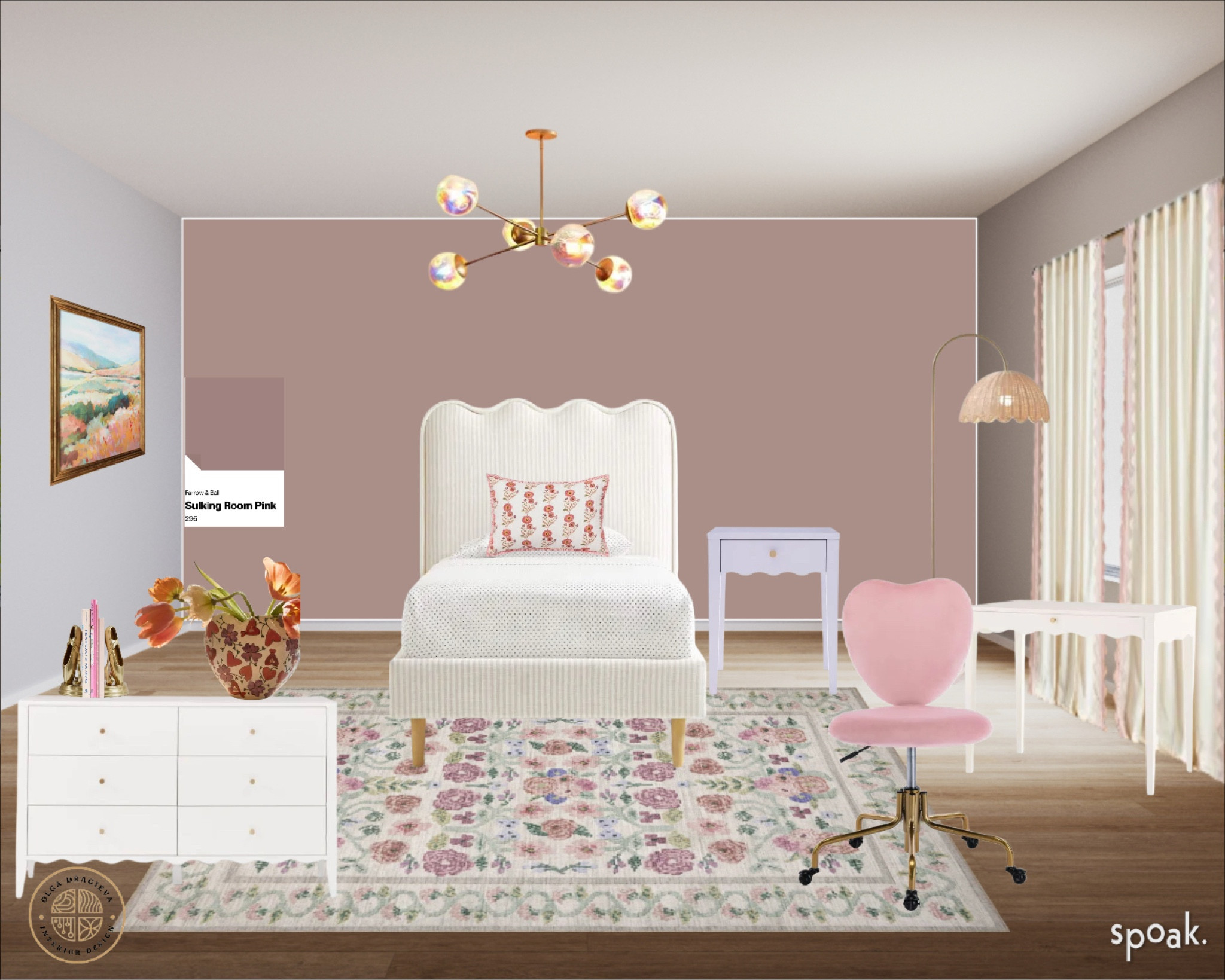 Beautiful teen girl room! Blush bedroom/mood board. Scalloped white bed, Loloi flower rug, heart shaped office chair, white desk, iridescent chandelier, white scalloped dresser, vase from Anthropologie, colorful wall art, purple night stand. #teenroom #bedroomdecor

#LTKStyleTip #LTKHome #LTKSeasonal