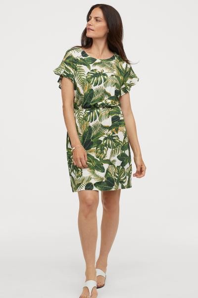 Linen-blend Dress - White/leaf-patterned - Ladies | H&M US | H&M (US + CA)
