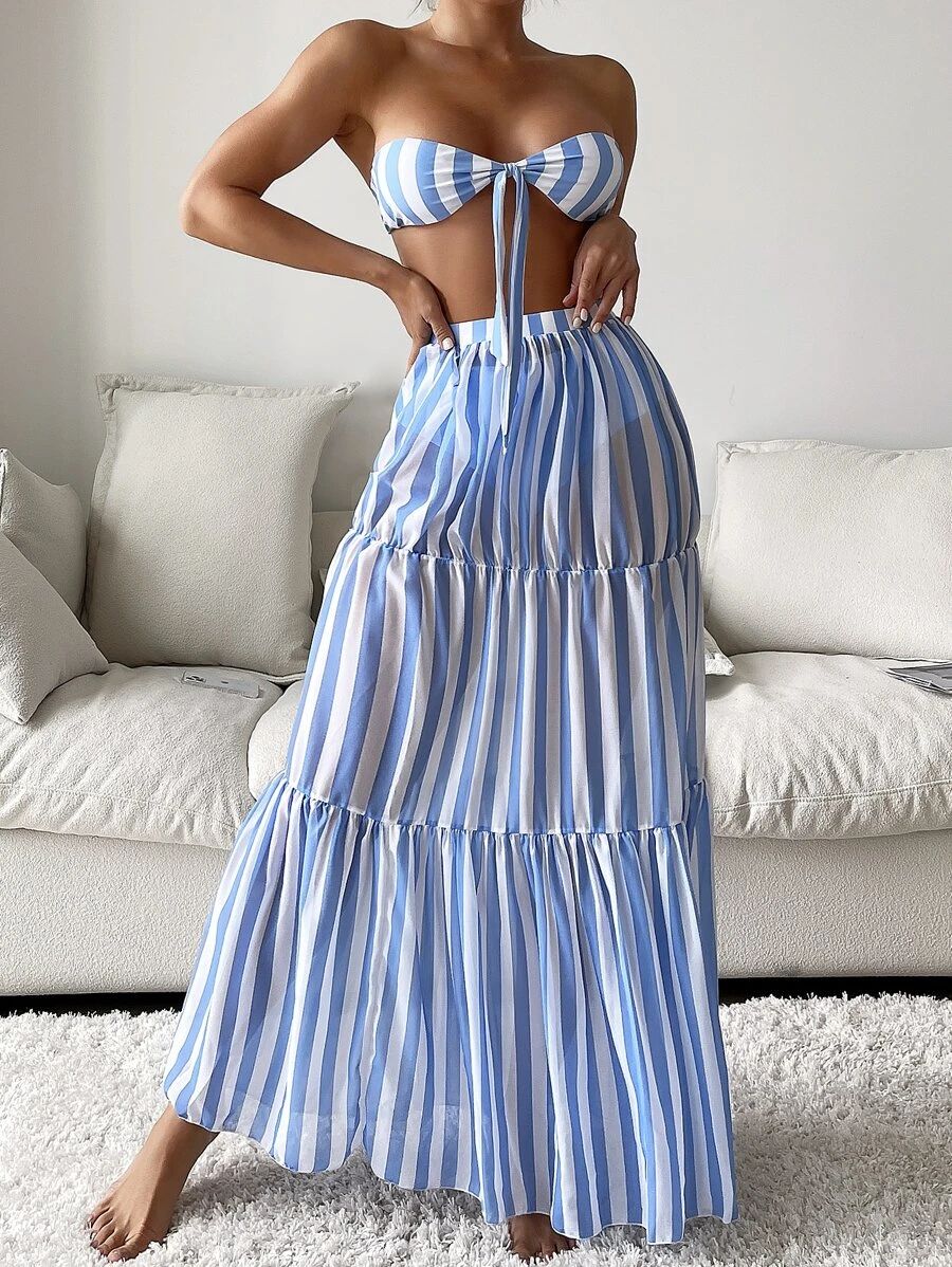 3pack Striped Knot Front Bandeau Bikini Swimsuit & Beach Skirt | SHEIN