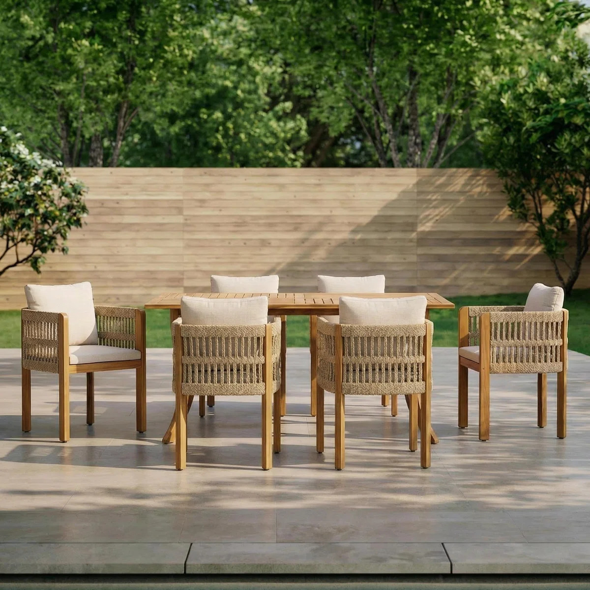 McBrine 7-Piece Modern Coastal Acacia Wood Patio Dining Set With Rope-Wrapped Armchairs And 59" S... | Wayfair North America