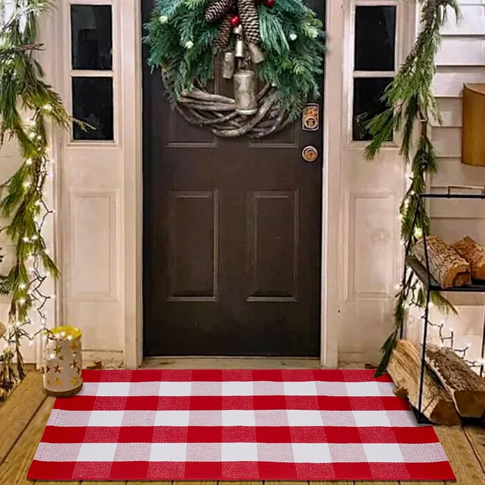 Christmas Red and White Plaid Rug 27.5 x 43 Inches, Hand-Woven Indoor/Outdoor Layered Cotton Blen... | Amazon (US)