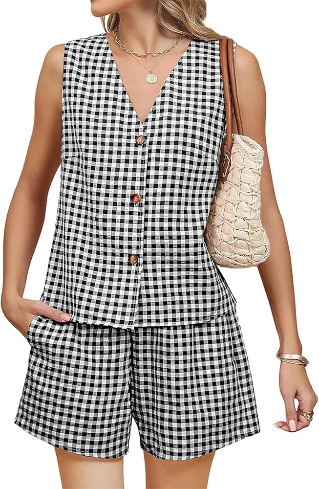 PEHMEA 2 Piece Sets for Women Summer Outfits 2025 Sleeveless V-Neck Gingham Vest and Shorts for B... | Amazon (US)