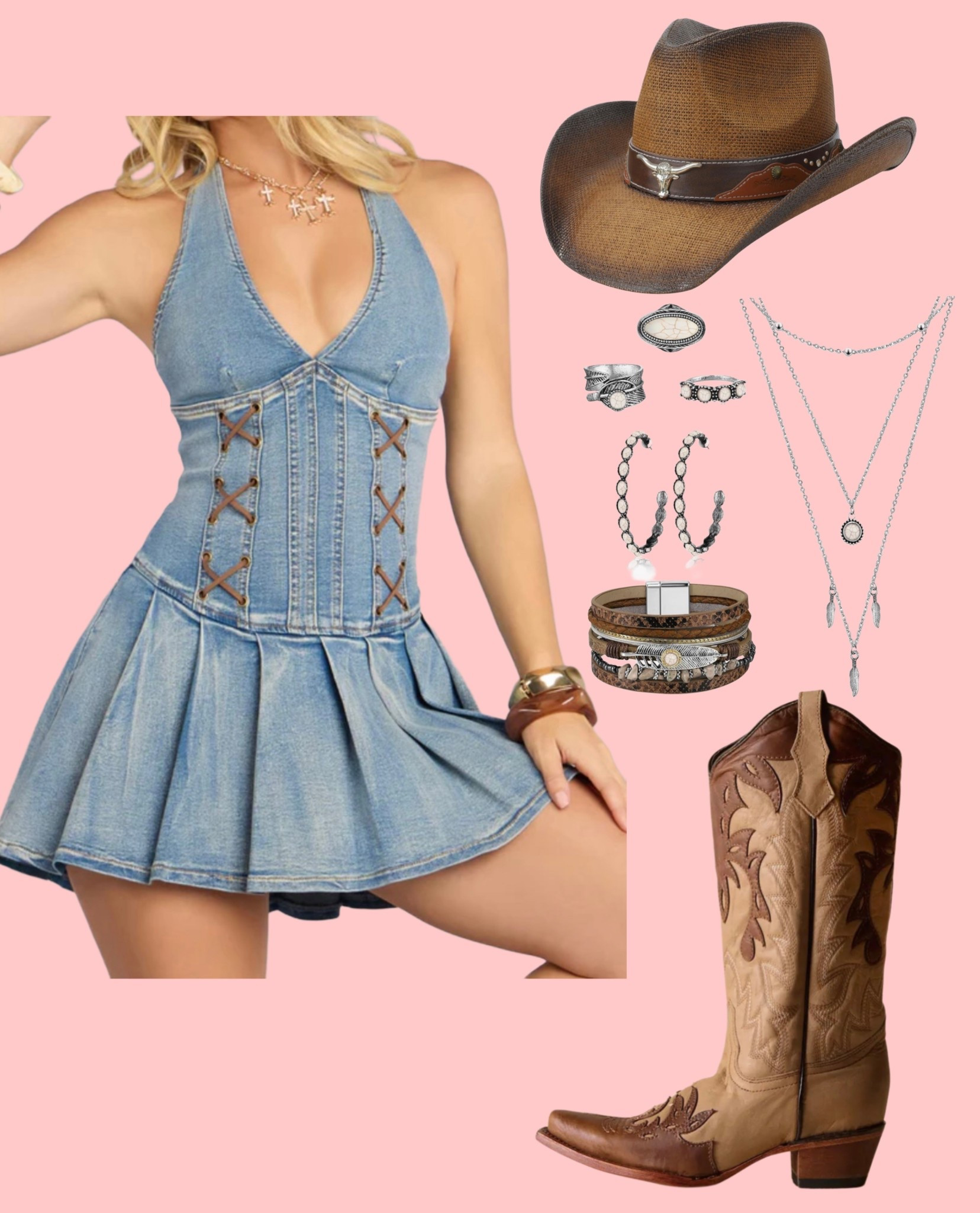 Festival outfit inspo! Denim mini dress paired with brown boots, hat, and silver jewelry! 

#LTKSeasonal #LTKFestival #LTKootd
