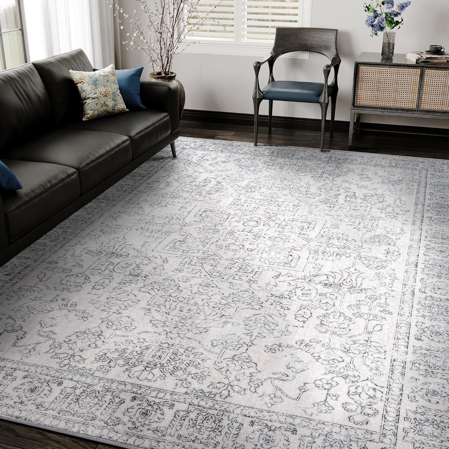 8x10 Area Rugs for Living Room Vintage Washable Rugs Grey Boho Floral Medallion Print Low Pile No... | Amazon (US)