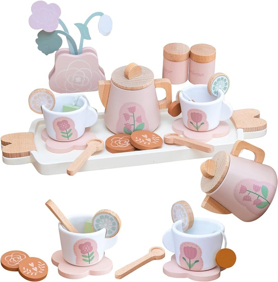 26 Pcs Wooden Tea Set for Little Girls, Play Kitchen Accessories for Toddlers Tea Party with Play... | Amazon (US)