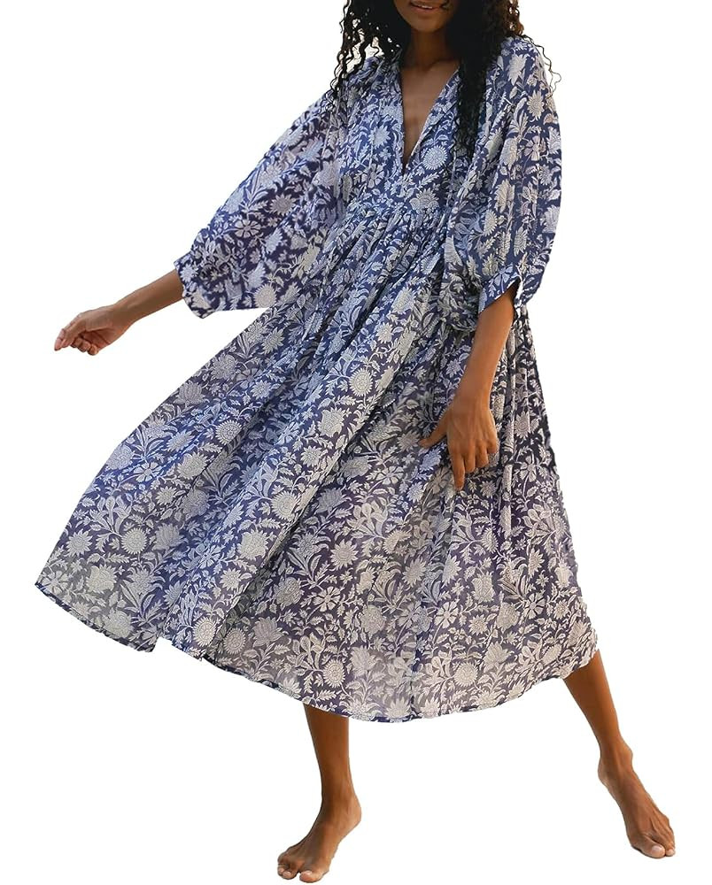 Casual Summer Dresses for Women Swing Floral Half Open Collar Boho Puff Sleeve Loose Midi Beach D... | Amazon (US)