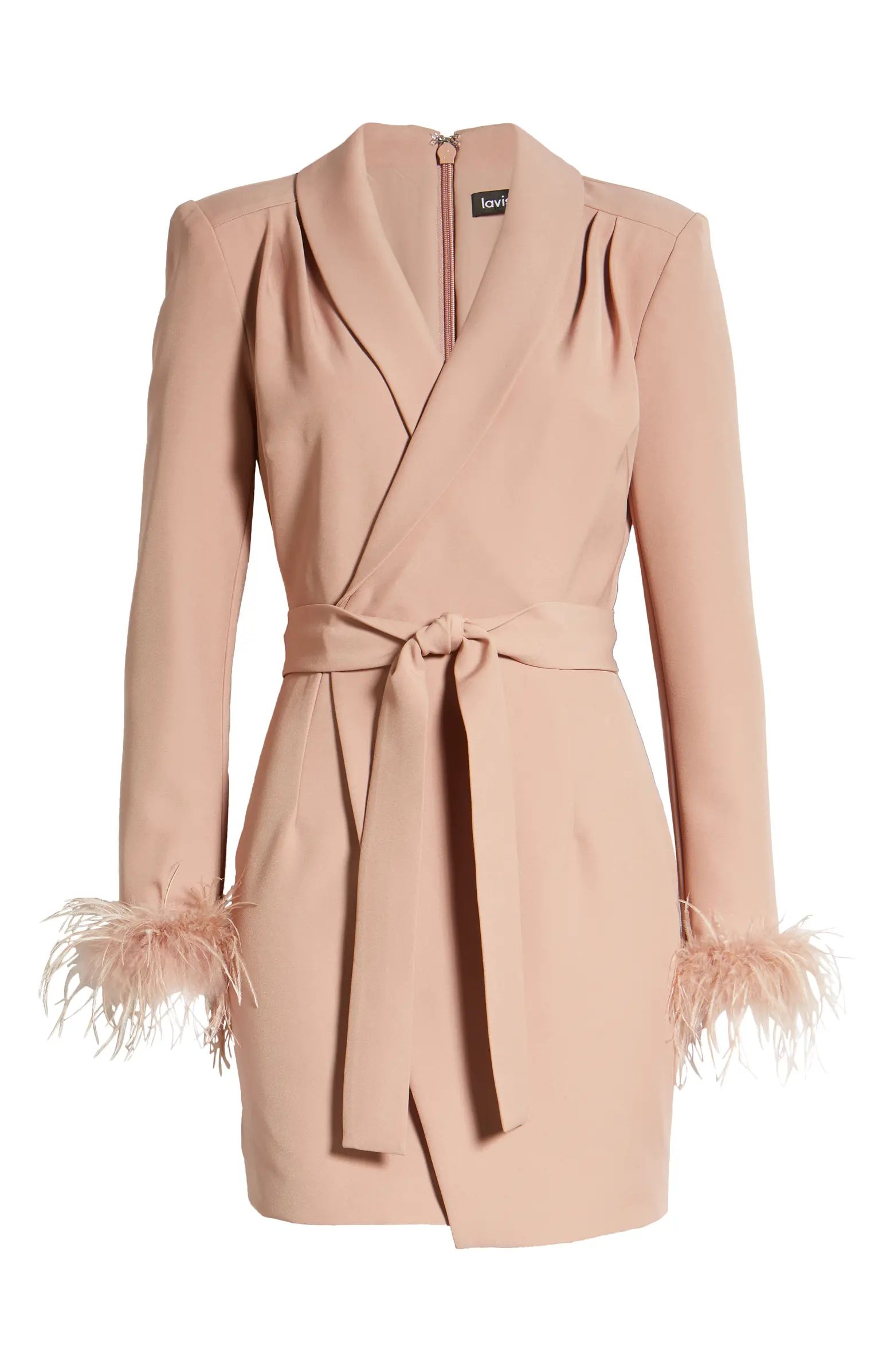 Lavish Alice Feather Cuff Faux Wrap Blazer Minidress | Nordstrom | Nordstrom