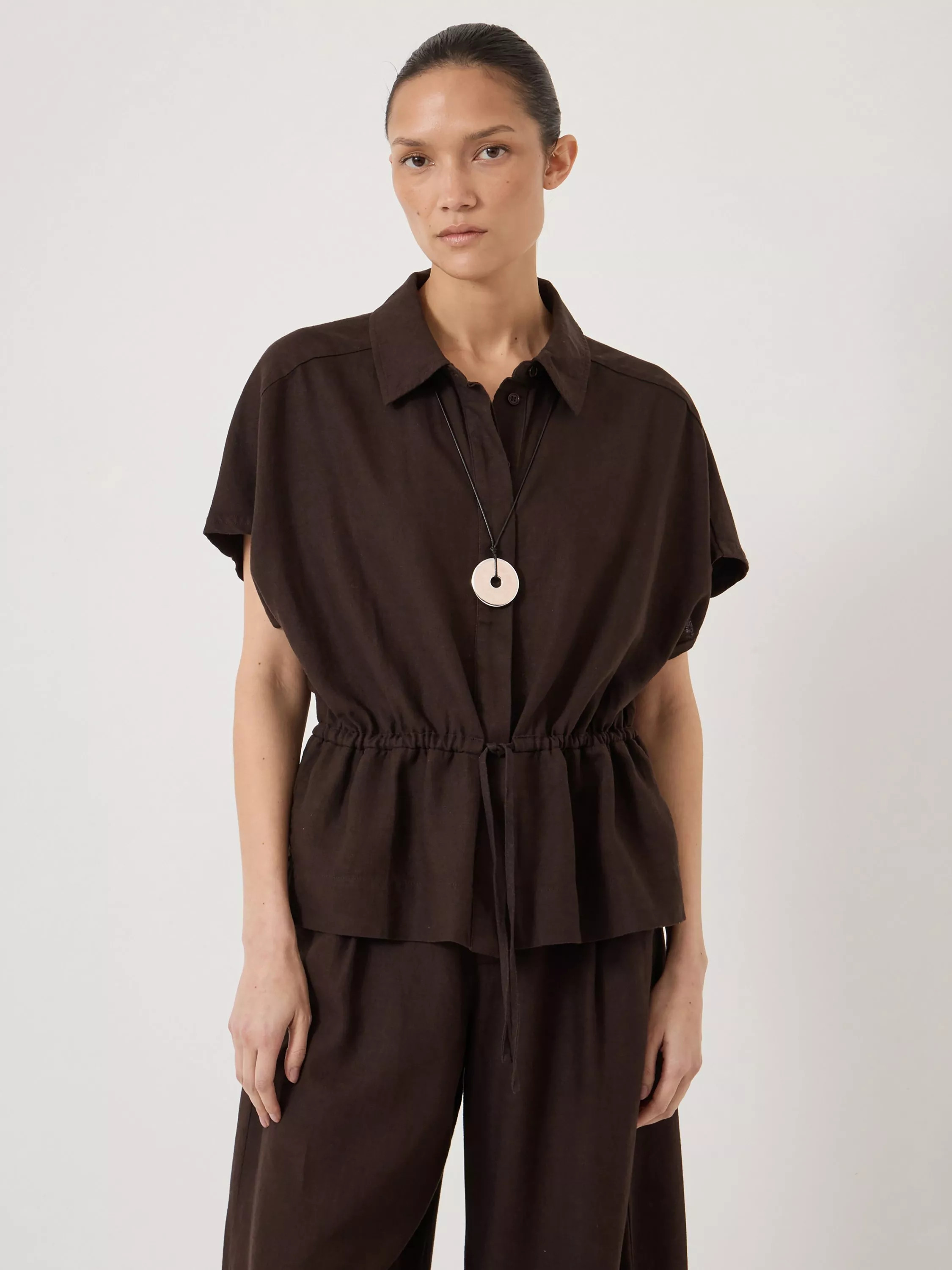 Mirai Linen Blend Short Sleeve Shirt, Dark Brown | John Lewis (UK)