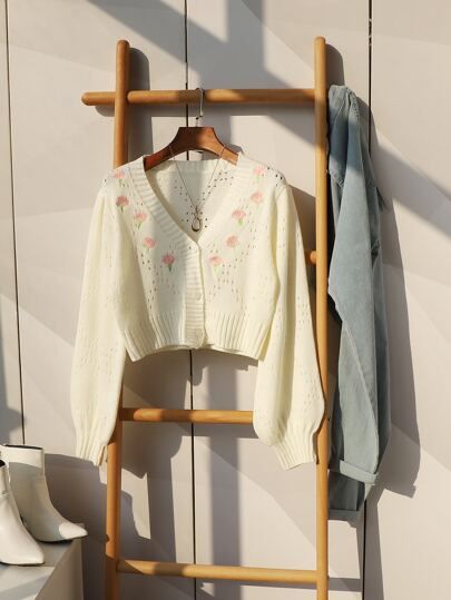 Flower Embroidery Pointelle Knit Crop Cardigan | SHEIN
