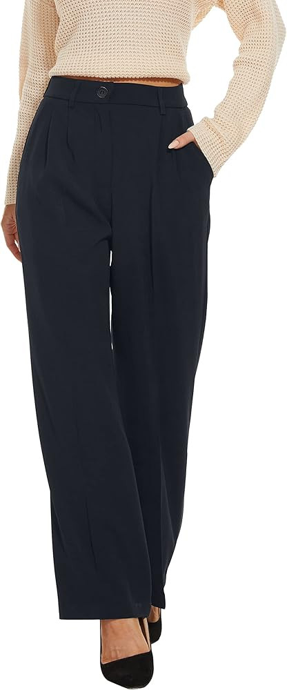 FUNYYZO Women's Wide Leg Pants High Elastic Waisted in The Back Business Work Trousers Long Strai... | Amazon (US)