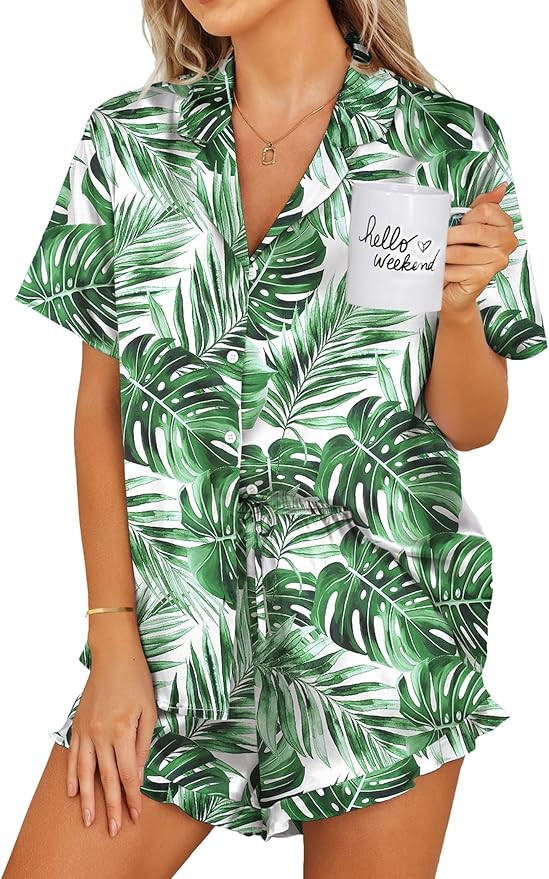 Ekouaer Womens Satin Pajamas Set Button Down 2 Piece Silk Pjs Shorts Set Ruffle Lingerie Notch Co... | Amazon (US)