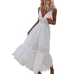 BerryGo Women's Embroidery Pearl Button Down Dress V Neck Spaghetti Strap Maxi Dress | Amazon (US)