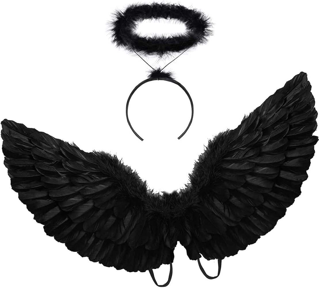 HANDIC Black Angel Costume Wings and Halo Adult Angel Costume Wings for Kids Girls Woman Hallowee... | Amazon (US)