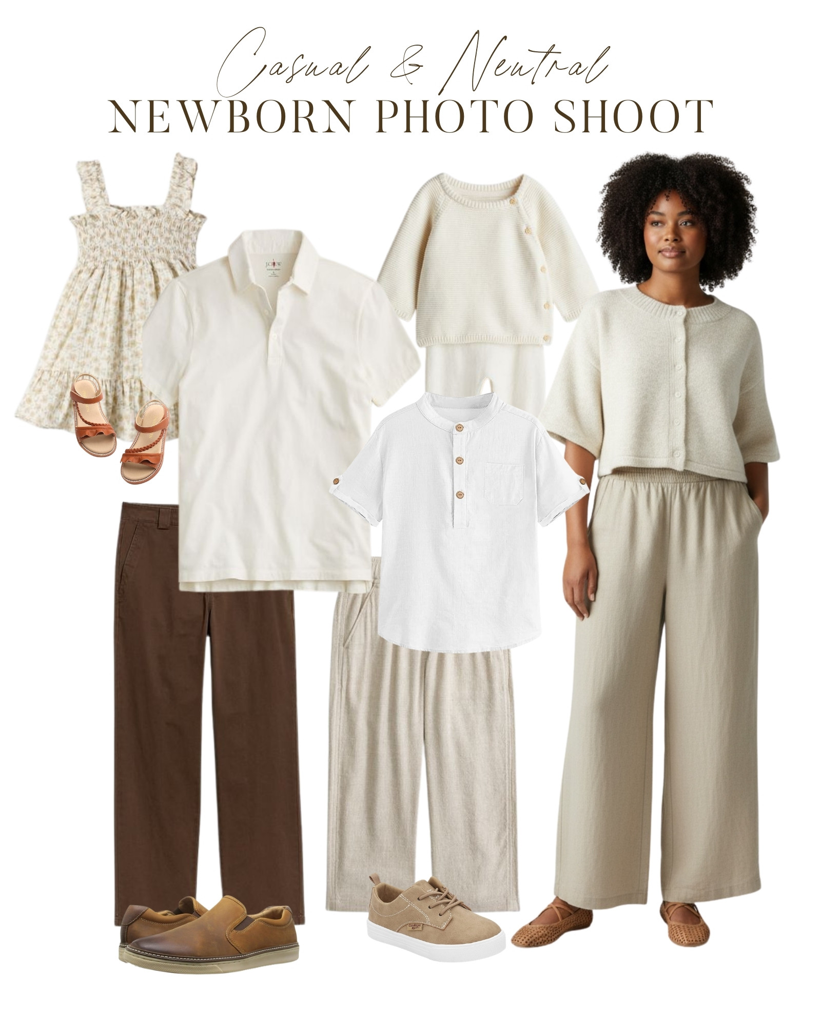 Casual neutral family outfits for a newborn photo session. If you're looking for comfortable, non-formal outfit ideas for your newborn photos, this look is for you. Wide leg pull-on pants and a cropped cardigan for mom, khakis and a polo for dad, linen pants and a henley for boys, and a floral sundress for girls. Cream, tan, and warm brown tones that coordinate beautifully without being matchy. Perfect for studio newborn sessions, in-home newborn photos, or any family portrait session where you want a relaxed, polished look.  

 #LTKmomlife #LTKBaby #LTKBump